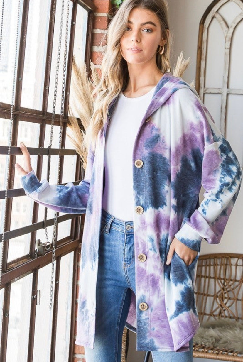 FINAL MARKDOWN Navy Purple Tye Dye Hem Style Sweater with Button Upfront with Hood Cardigan Top