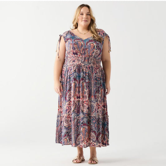 Sleeveless floral maxi dress with V-neck and a tiered ruffled hem