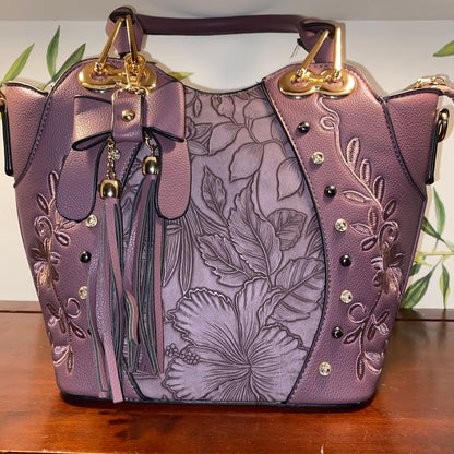 Lillac Purple Floral Embroidery Accent Satchel Purse Bag ( 2 Sizes)