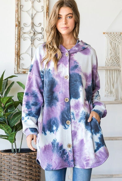 Navy Purple Tye Dye Hem Style Sweater with Button Upfront with Hood Cardigan Top