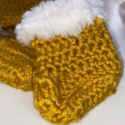 Mustard Yellow Hand Crocheted Pom Pom Hat & Booties