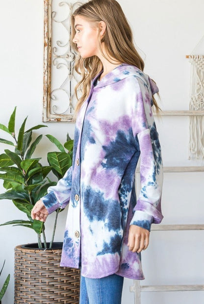 FINAL MARKDOWN Navy Purple Tye Dye Hem Style Sweater with Button Upfront with Hood Cardigan Top
