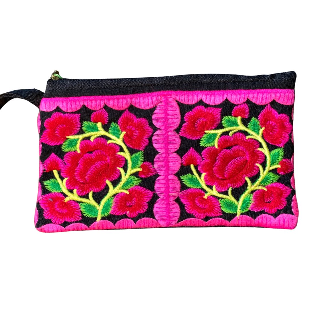 Pochette zippée pour monnaie brodée à motif floral maya