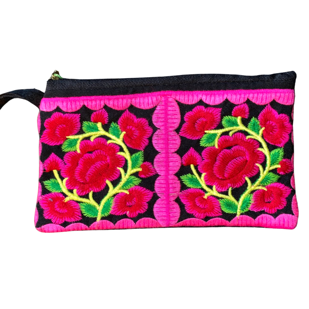 Embroidered Mayan Floral Coin Change Zipper Pouch