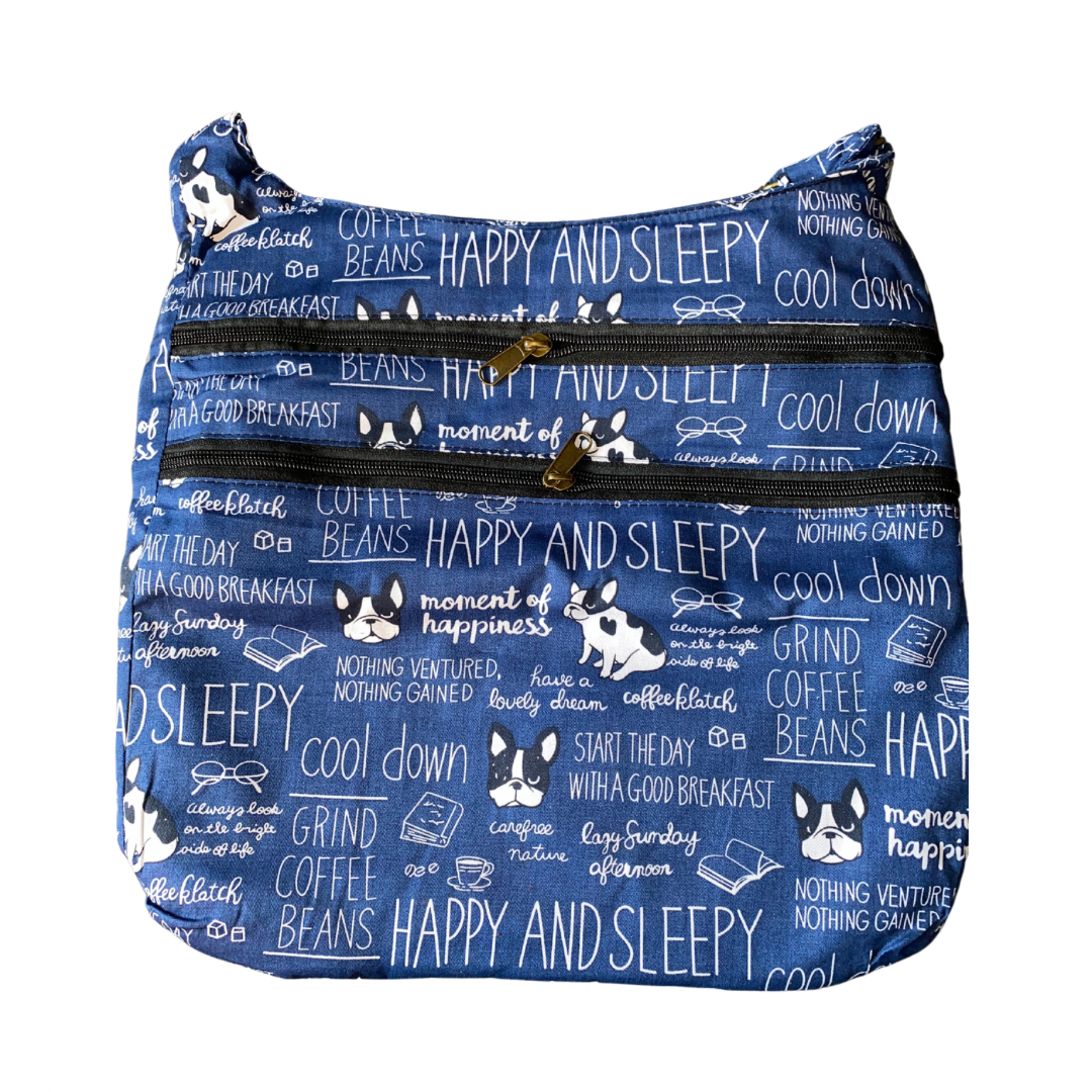 Happy Sleepy Dog Print Cotton Crossbody Tote Bag 