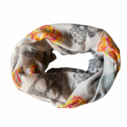 Infinity Sugar Skull Scarf Gray and Yellow Red & Pink