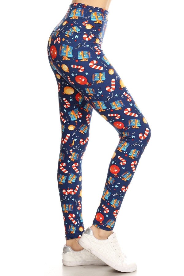 Navy Christmas Candy Cane and Presents Adult Leggings