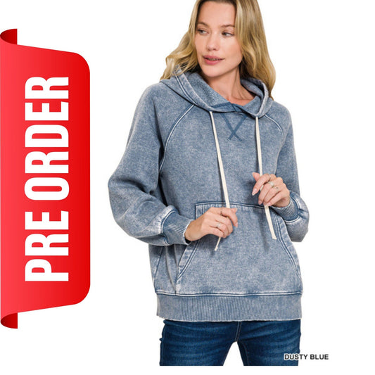 PREORDER Dusty Blue Acid Wash Fleece Hoodie Top