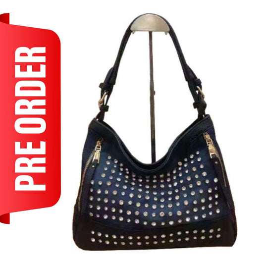 PREORDER Navy Denim Rhinestone Double Zip accent Purse