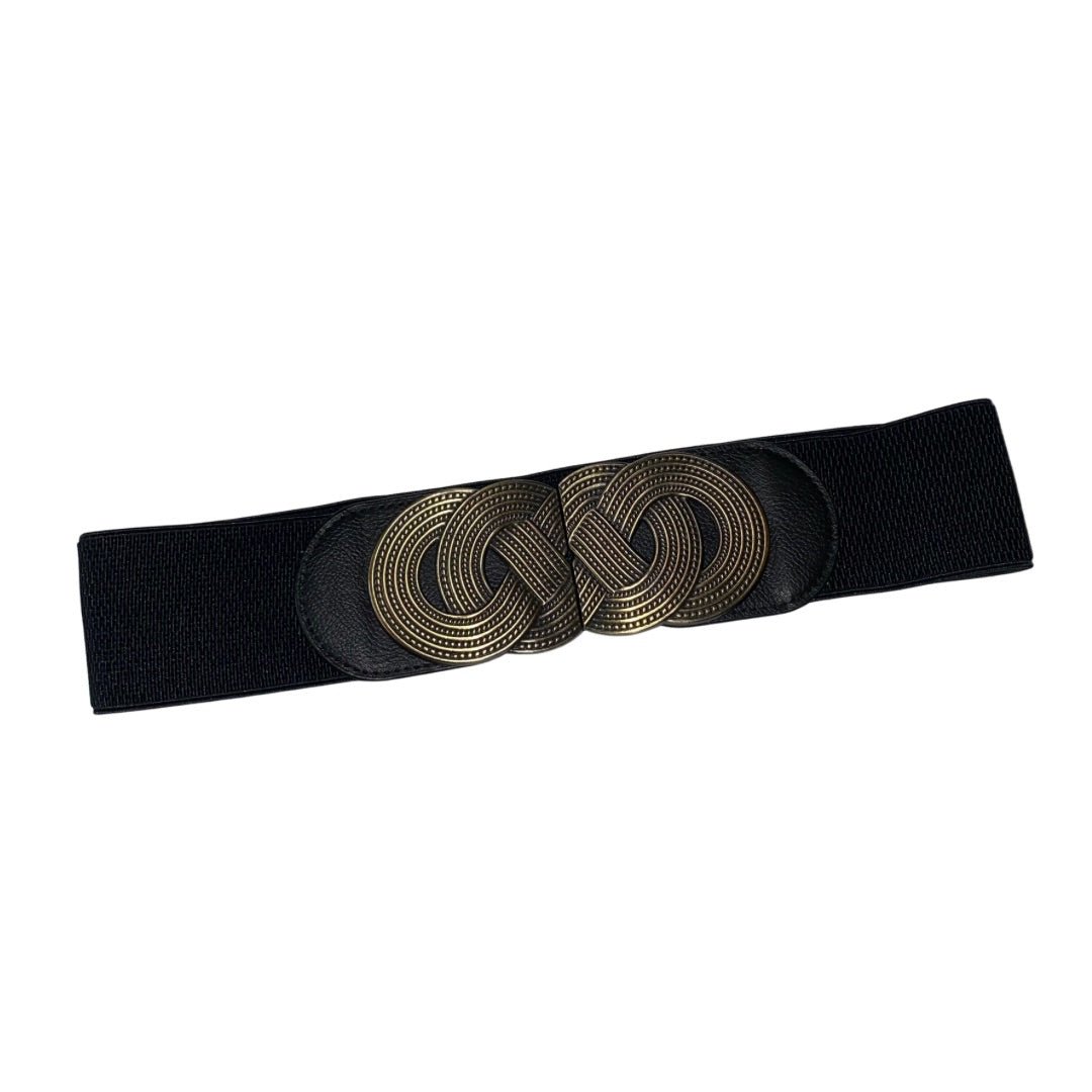 Vintage Elegant Black Wide Elastic Waistband Metal Buckle Belt 