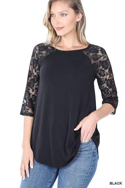 Luxe Rayon Lucky Lace Scoop Neck Three Quarter Sleeve Lace Sleeve Hi-Low Hem Ladies Top