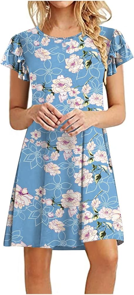 Powder Blue Summer Dress with Floral Print & Birds