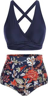 Women's Plus Size V Neck Bikini Swimsuits High Waisted Ruched Tummy Control Swimwear