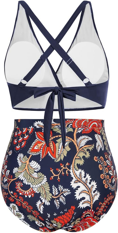 Maillots de bain bikini grande taille à col en V pour femmes Maillots de bain taille haute froncés à contrôle du ventre