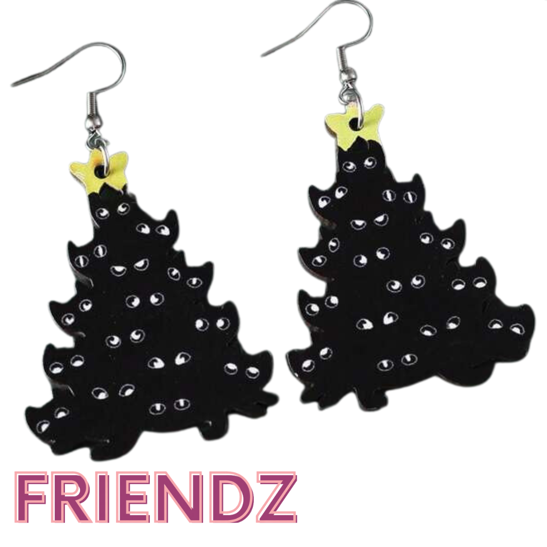 Acrylic Vintage Style Black Cat & Christmas Tree Earrings