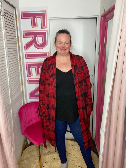 FINAL SALE- Lightweight Stretchy Red Plaid Cardigan Sweater Top