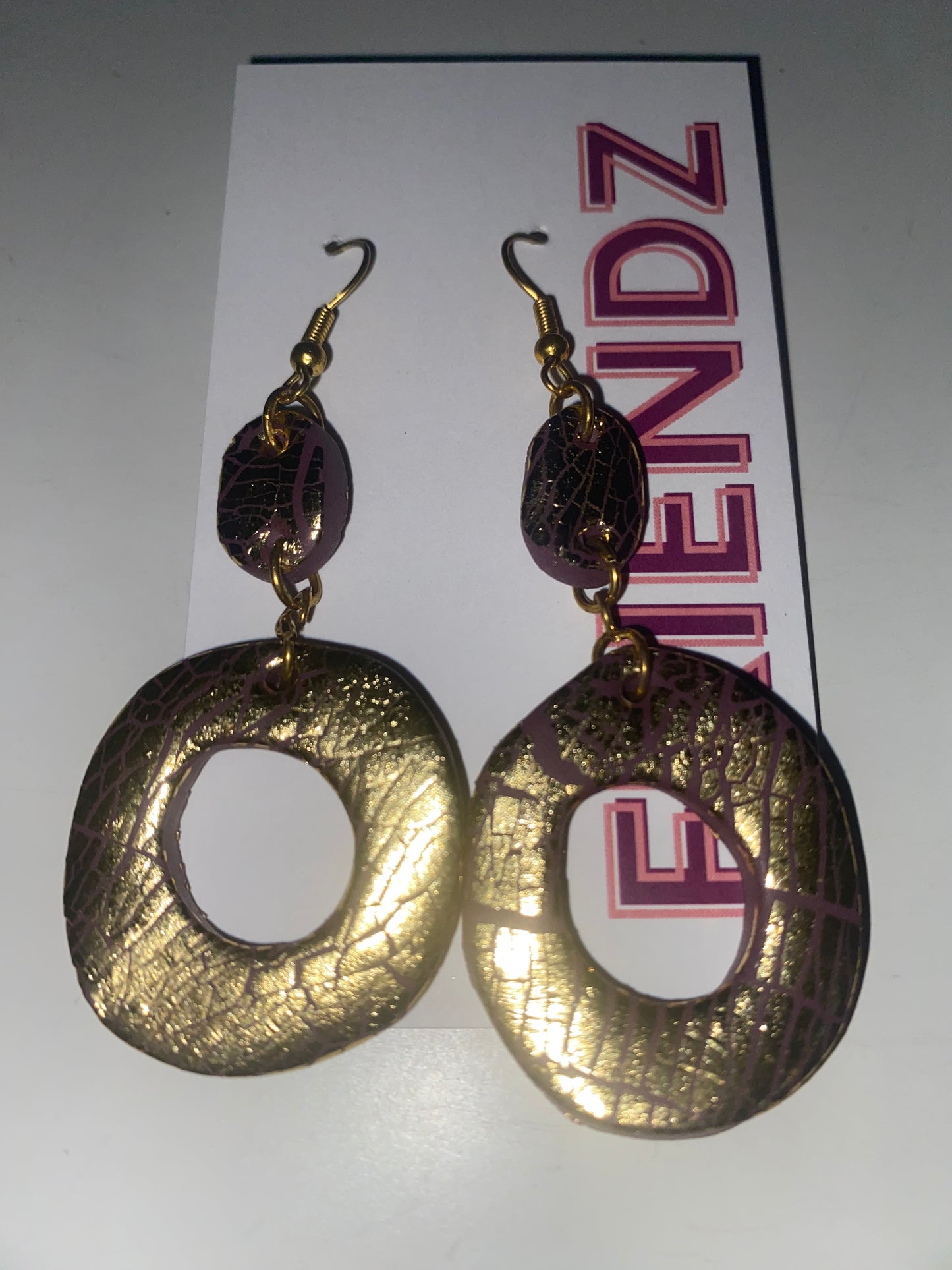 FINAL SALE Polymer Clay Purple & Gold Circle Hook Hoop Earrings