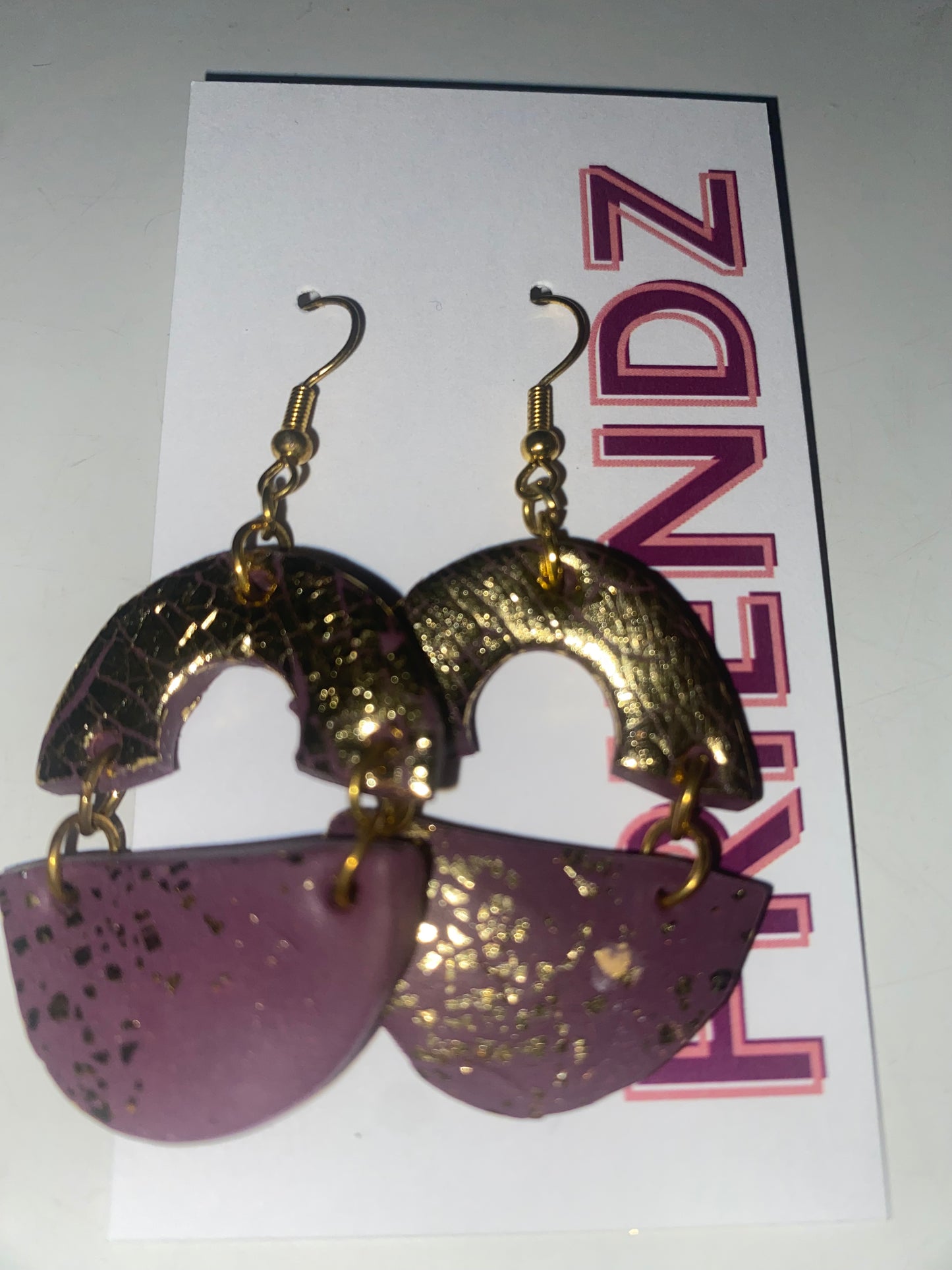 FINAL SALE Polymer Clay Purple and Gold Half Moon Hook Hoops Earrings