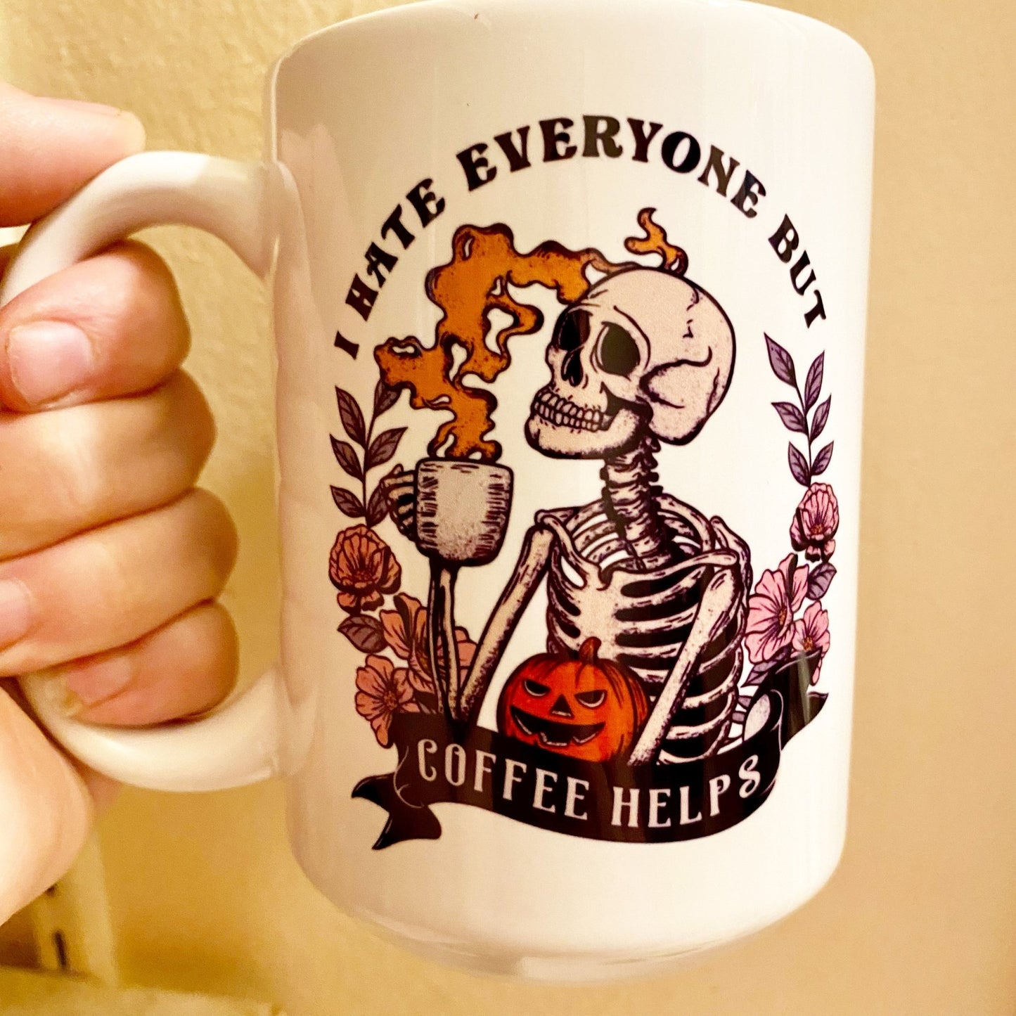 I hate everyone but coffee helps fall mug