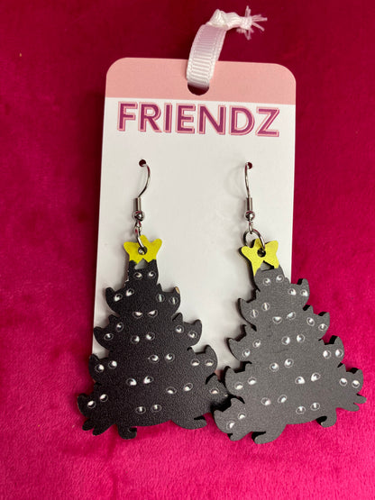 Acrylic Vintage Style Black Cat & Christmas Tree Earrings