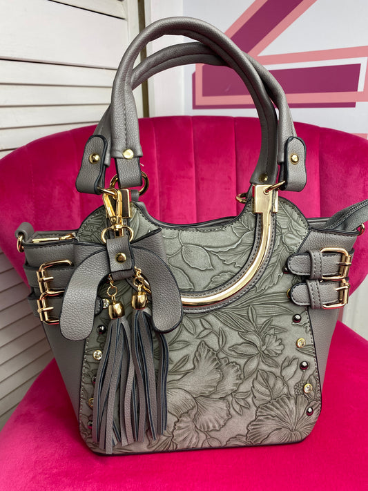 Mid Size Floral Buckle Accent Embellished Vegan Leather Satchel Purse Shoulder Bag with Detachable Crossbody Strap and Removable Bow Keychain