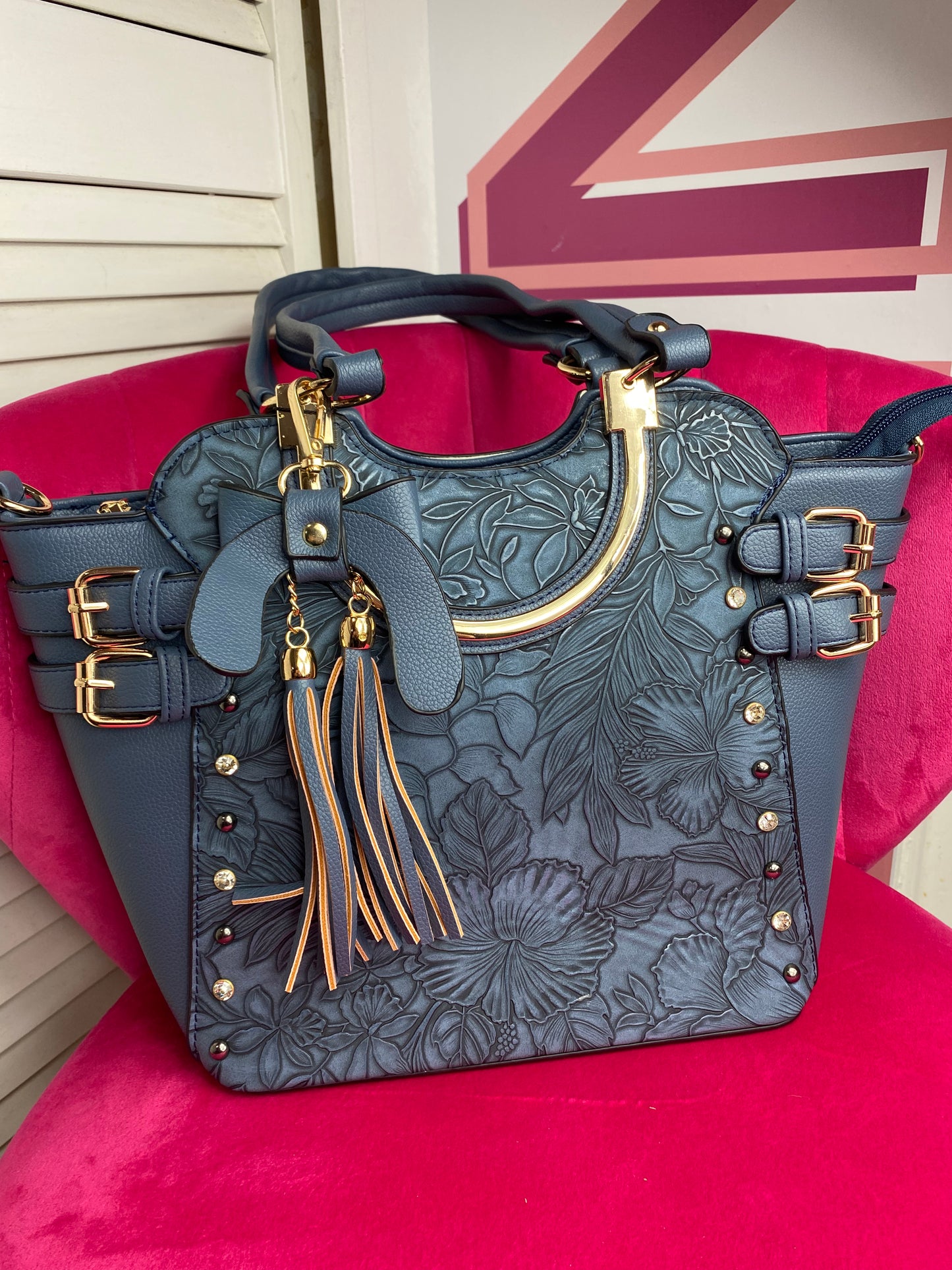Full Size Floral Buckle Accent Embellished Vegan Leather Satchel Purse Shoulder Bag (4 Colours) with Detachable Crossbody Strap and Removable Bow Keychain