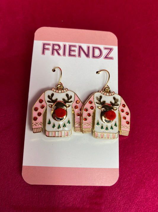 Boucles d'oreilles de Noël en pull rose moche de Rudolph