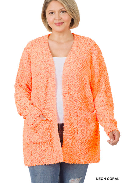 Neon Coral | Plus |Popcorn Sweater Knit Ladies Cardigan Top