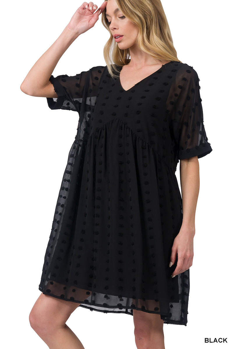 Riley | Swiss Dot Rolled Short Sleeve Baby Doll Dress|  Sheer: Opaque Top Layer with Liner | Black