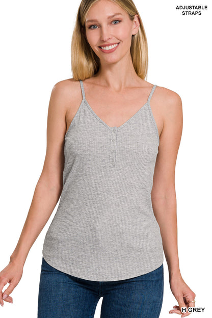 Henley Ribbed Half Snap Button Front Closure Cami Tank Top (2 Colors)