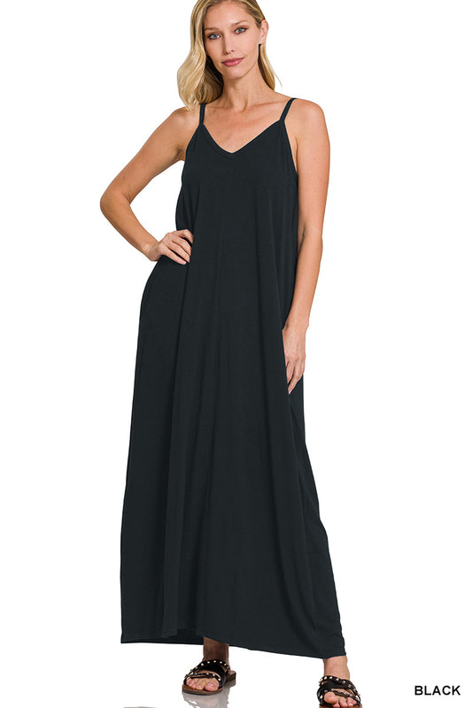 Jax | V-Neck Adjustable Pocket Jersey Maxi Dress Full Length | Black