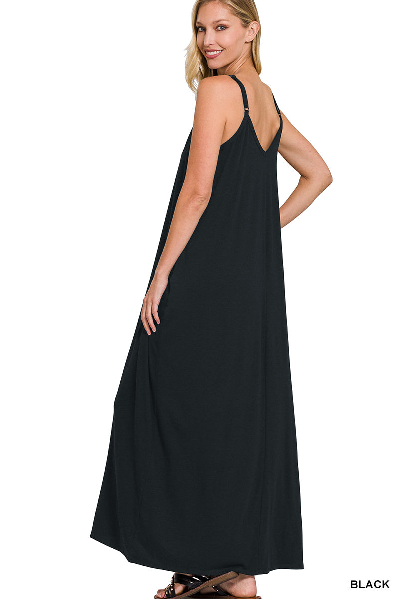 Jax | V-Neck Adjustable Pocket Jersey Maxi Dress Full Length | Black