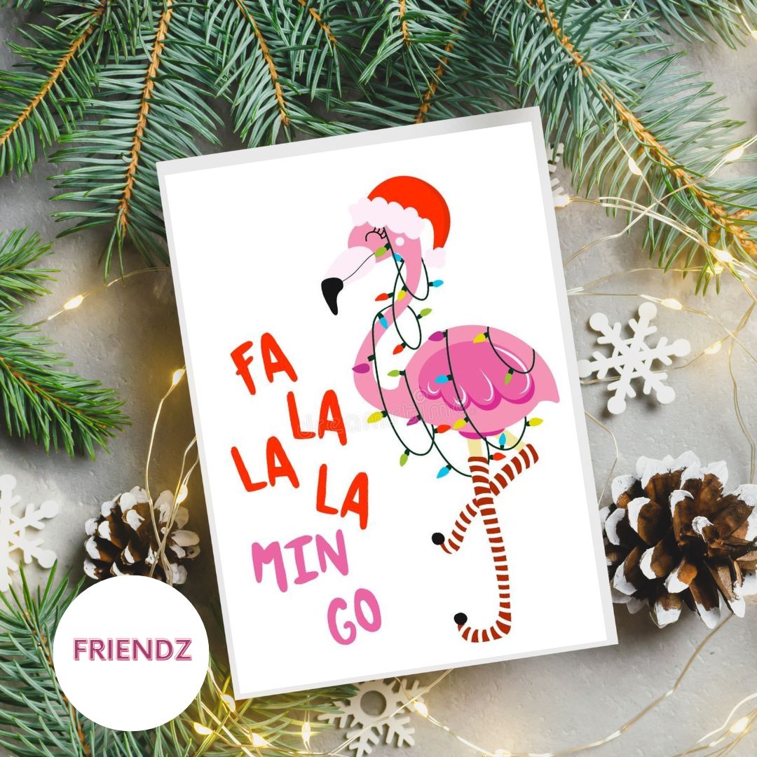 Carte de vœux de Noël avec flamant rose Fa La La Mingo