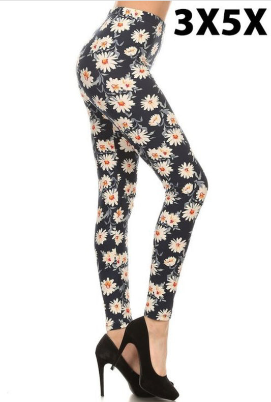 "Floral Delight: Plus Size Daisy Print Leggings (3X-5X) - Comfortable and Stylish for Curvy Figures"