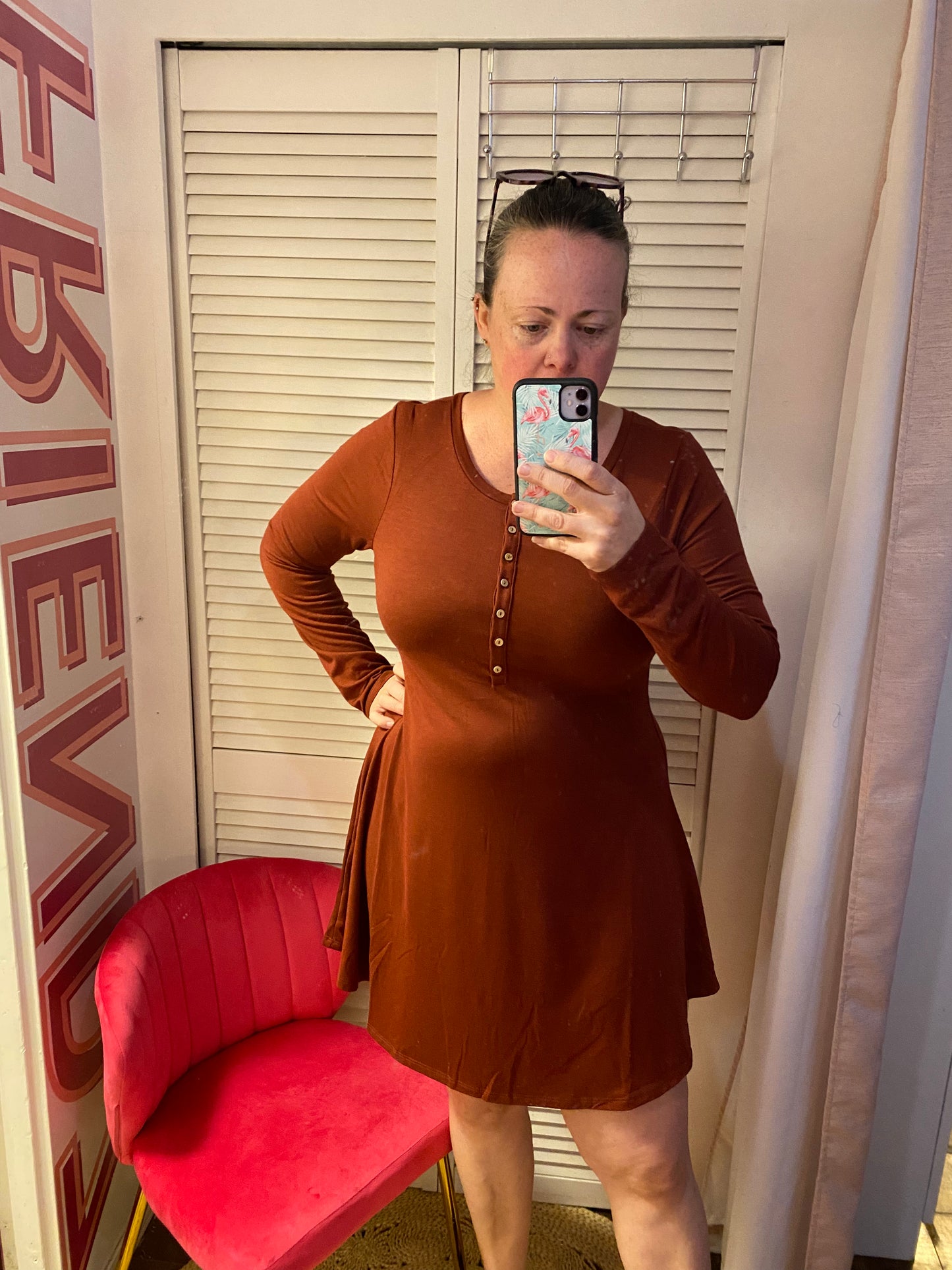 FINAL SALE Ruth |  Luxe Rayon Button Front Round Neck Long Sleeve Tunic Style Dress | Rust