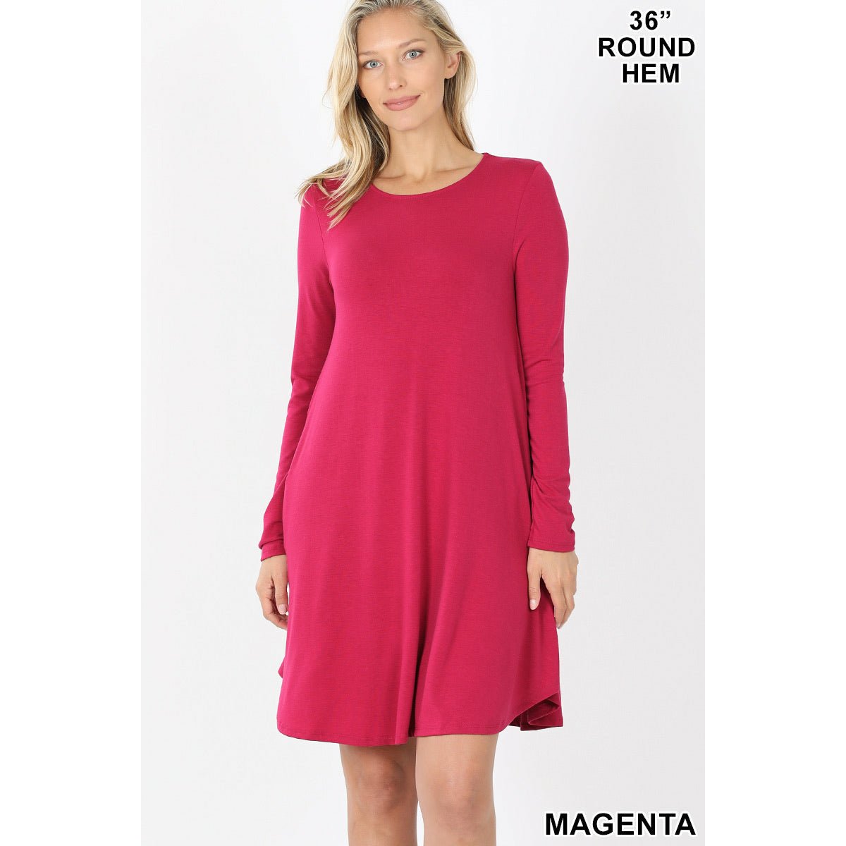 VENTE FINALE - Robe tunique luxueuse à manches longues en rayonne avec poches | Rose fuchsia