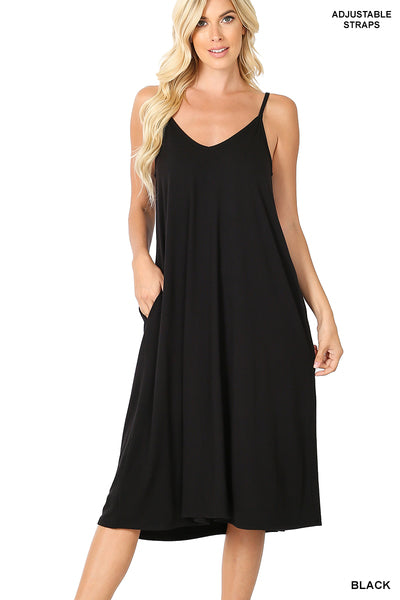 Rita | V-Neck Adjustable Pocket Jersey Maxi Dress Three-Quarter-Length | Black