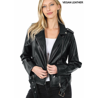 VENTE FINALE - Veste en cuir vegan gaufré à imprimé serpent Moto | Noir