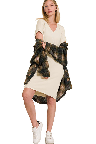 Olivia | Luxe Rayon Rolled Hem Short Sleeve V-Neck Pocket Maxi Dress Midi Length | Cream