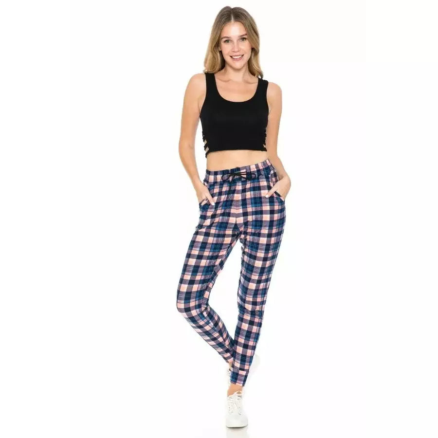 Pink & Blue Plaid Printed Classic Joggers