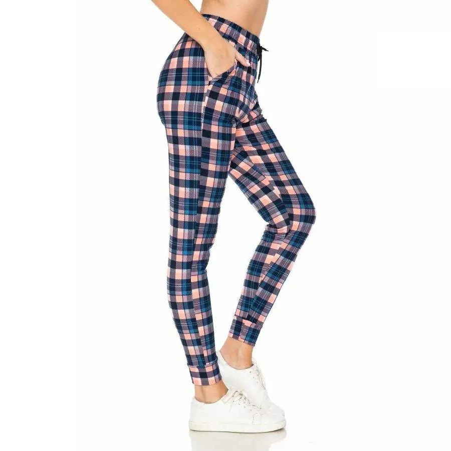 Pink & Blue Plaid Printed Classic Joggers
