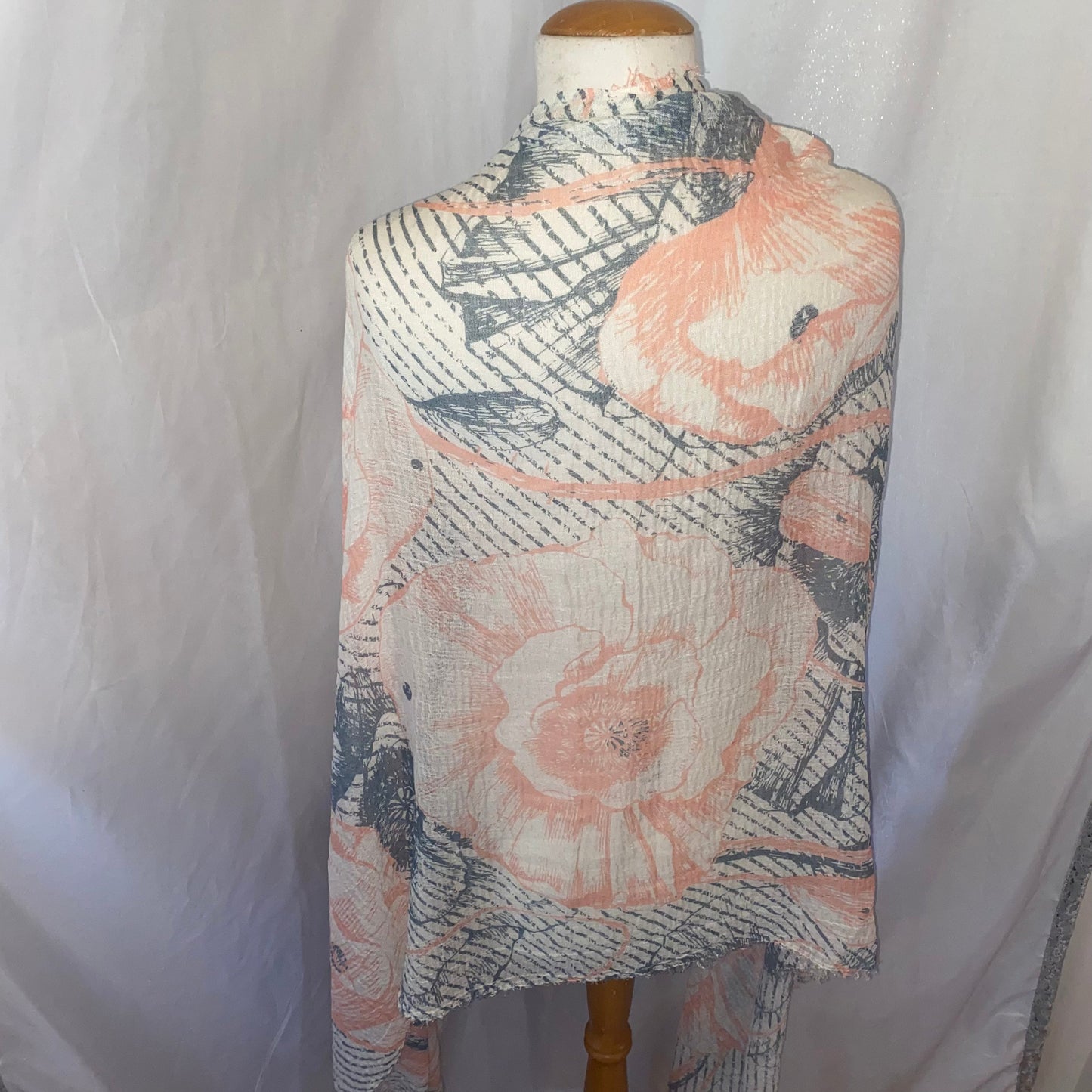 Coral or Navy Peony Floral Scarf or Shawl