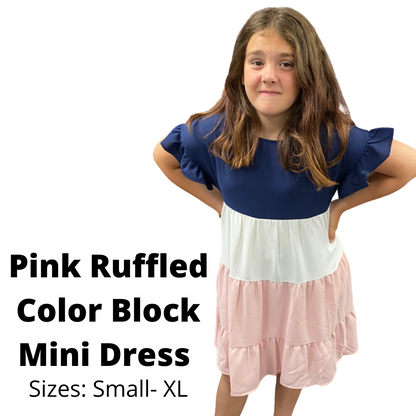 FINAL SALE -Ruffled Short Sleeve Cuffed Color Block Three Tiered Mini Dress with Eyelet Back Closure | Pink Navy & White