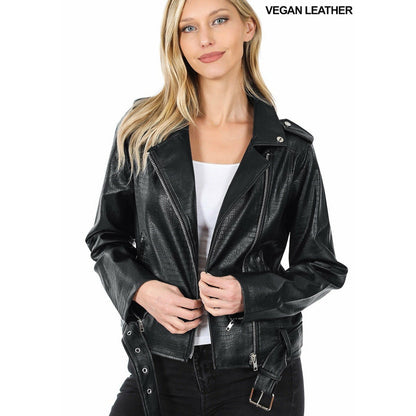 FINAL SALE Markdown- Moto Snake Print Embossed Vegan Leather Jacket | Black