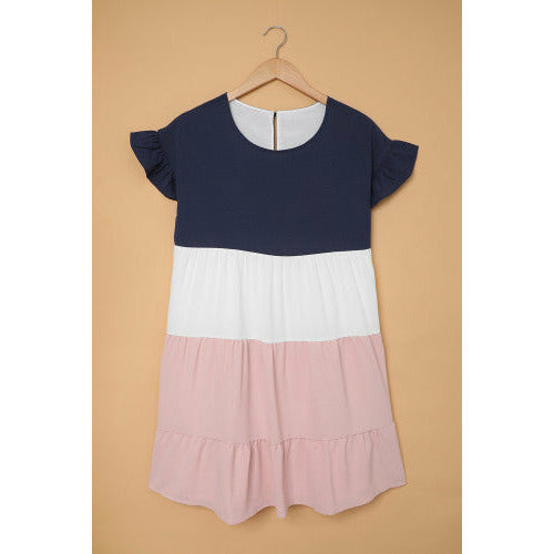 FINAL SALE -Ruffled Short Sleeve Cuffed Color Block Three Tiered Mini Dress with Eyelet Back Closure | Pink Navy & White