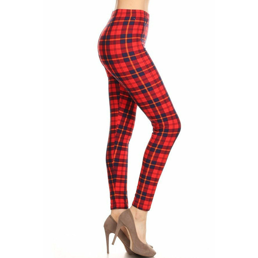 Red Plaid Yoga Band High Waisted Adult Ladies Leggings